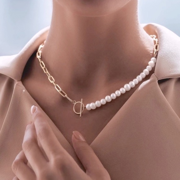 Gold Paper Clip and Pearl Necklace with OT Toggle Link - Picture 1 of 6